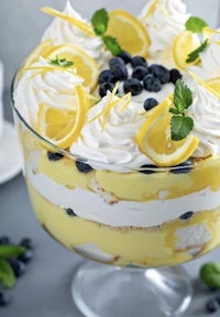 a trifle with lemons, blueberries and whipped cream